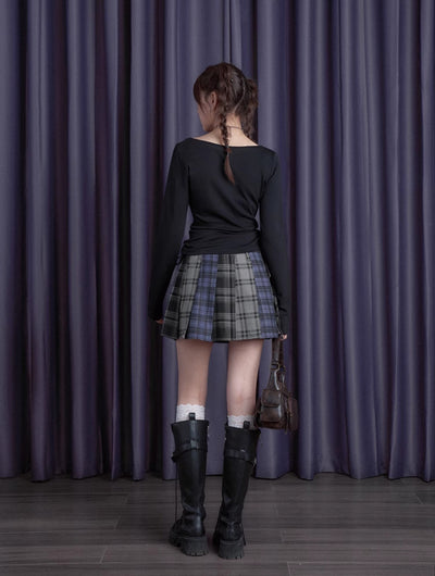 Blue Gray Black Plaid High Waist Pleated Skirt SAG0195