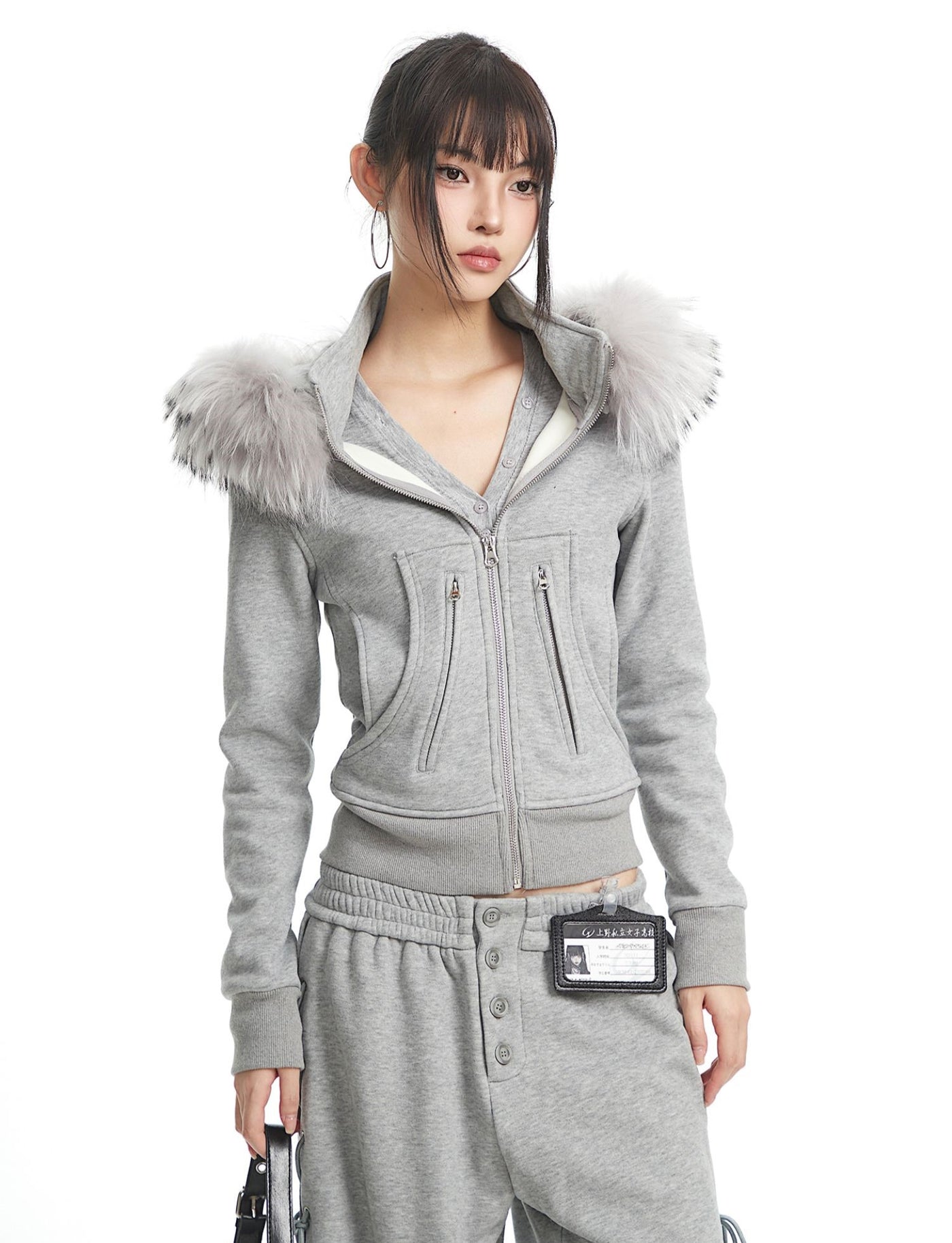 Fur Collar Hooded Sweatshirt Jacket/Pants UNC0326
