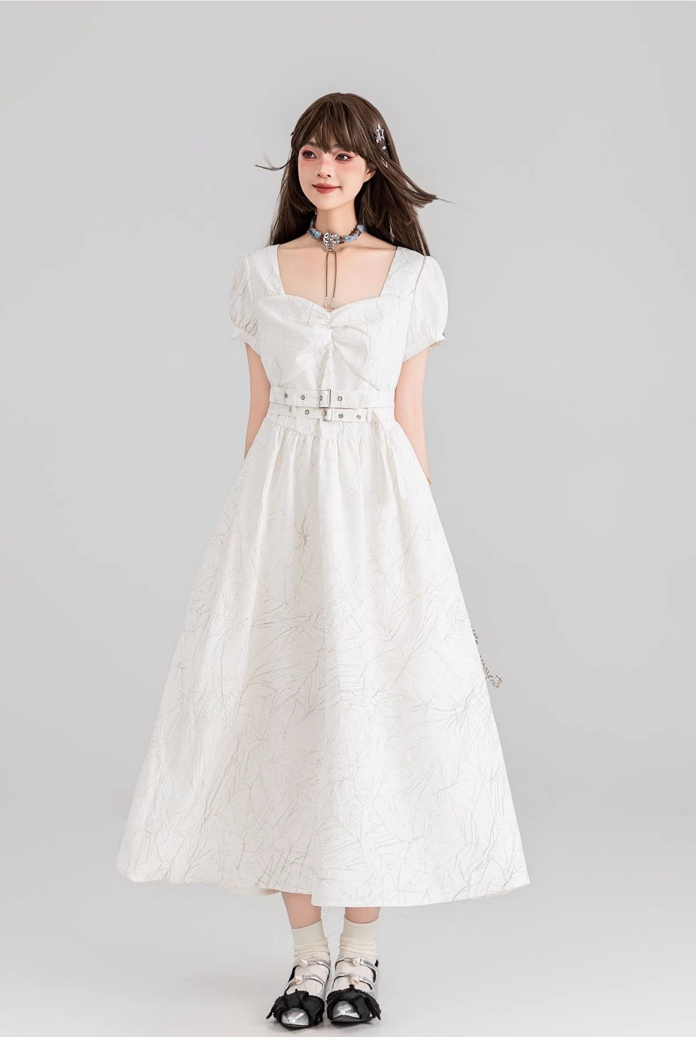 French Belt White Jacquard Square Collar Long Dress KEI0100