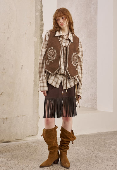 Flower Embroidered Tassel Leather Skirt DID0239