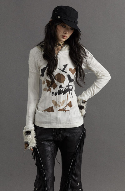 Punk Raglan Sleeves Pleated Patchwork Hooded Long-sleeved T-shirt NOR0112