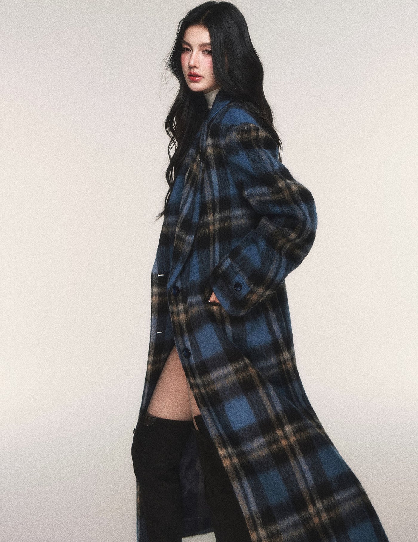Blue Plaid Long Wool Coat LUL0215