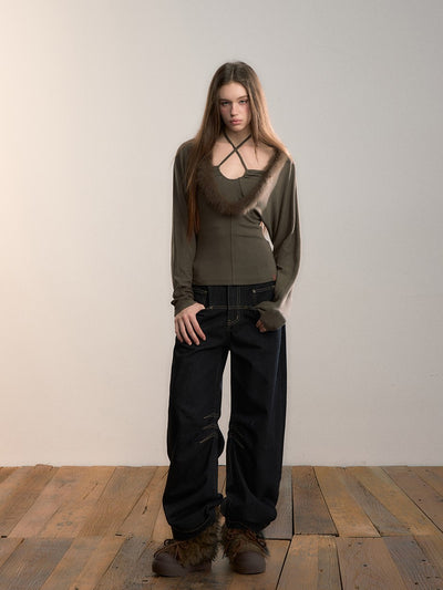 Faux Two-piece Fur Collar T-shirt VIA0359