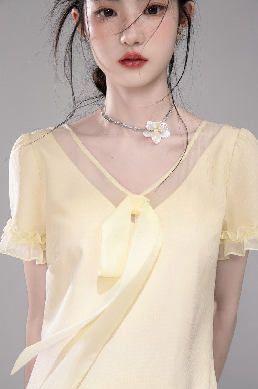 Honey Yellow Pleated Mesh Dress COT0321