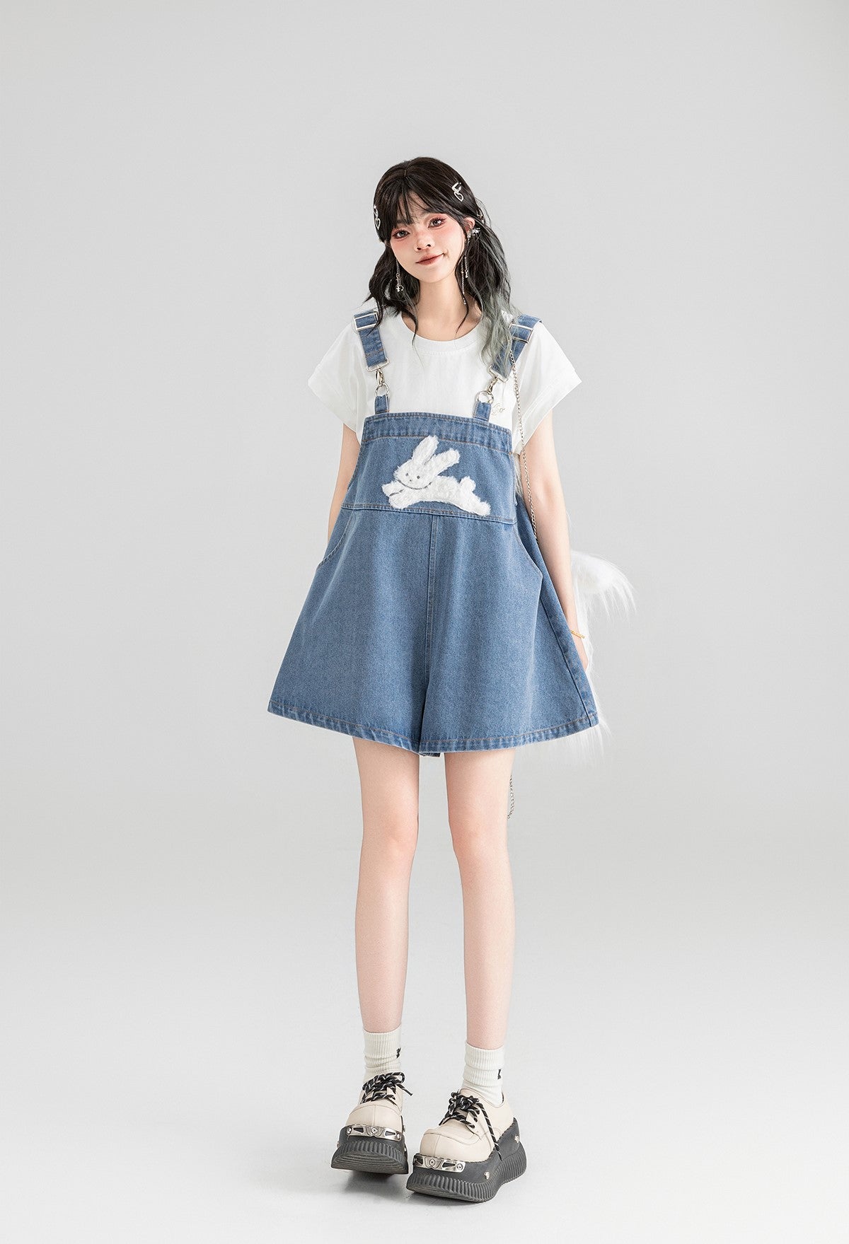 Rabbit Print Denim Overalls/White T-shirt KEI0053