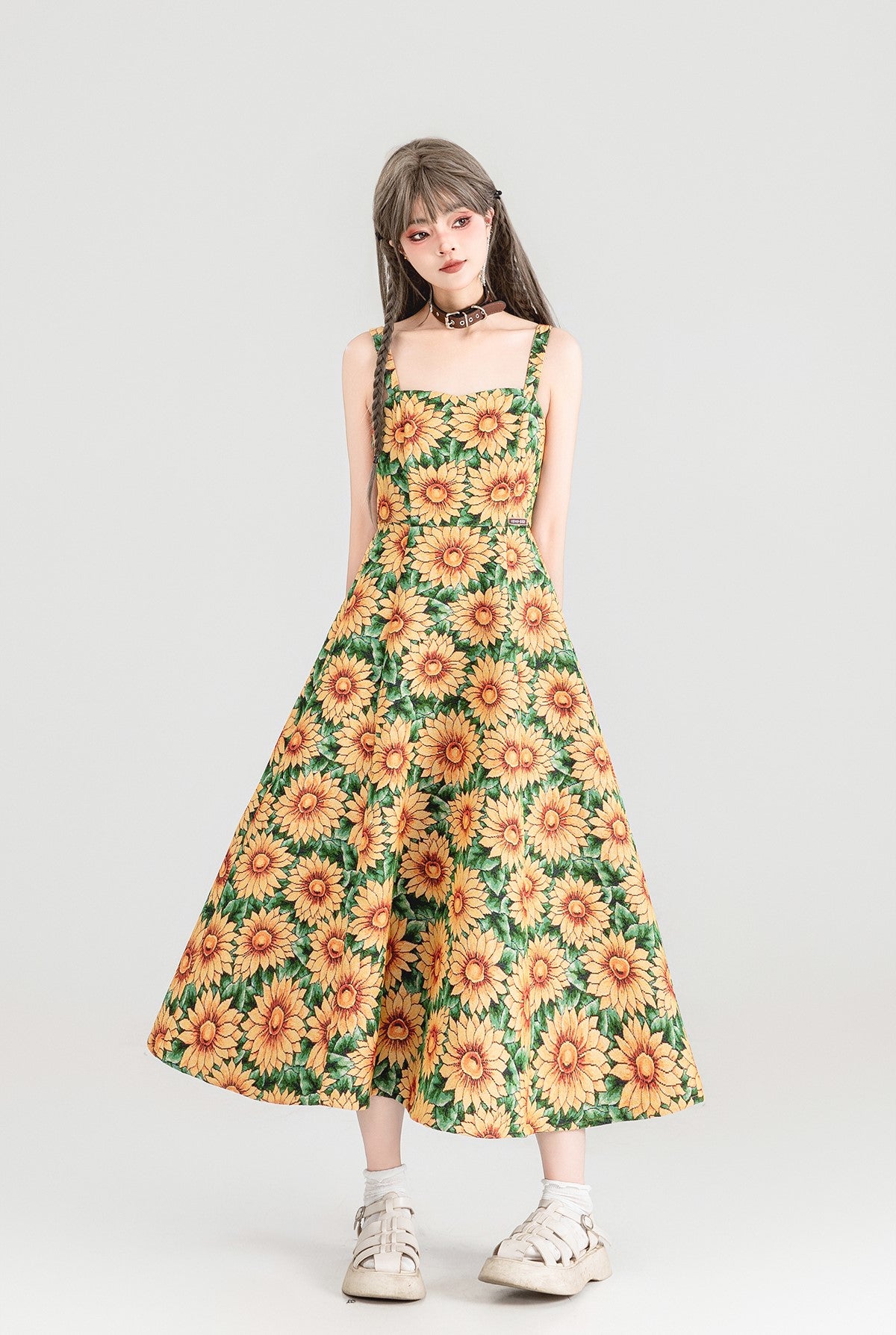 Sunflower Jacquard Floral Suspender Long Dress KEI0152