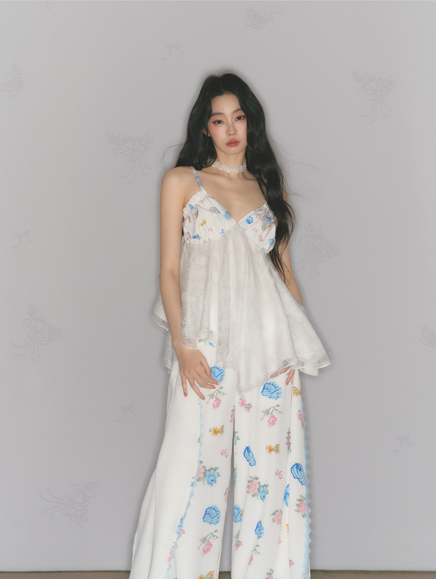 White Flower Printed Lace Camisole SAL0177