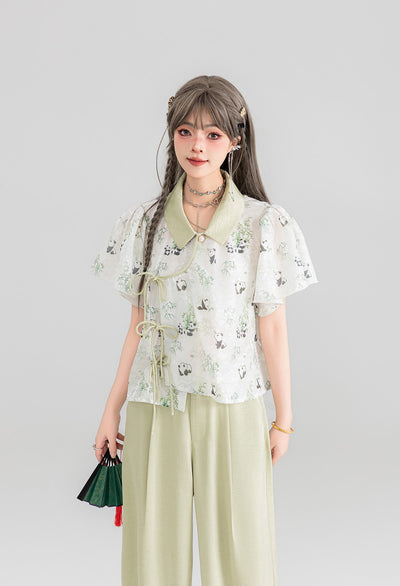 Panda Pattern White Chiffon Shirt/Light Green Pants KEI0049