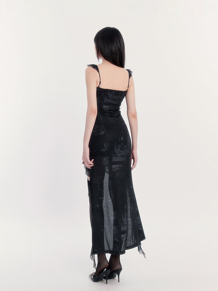 Ruffle Irregular Slim Palace Style Printed Dress VOC0196