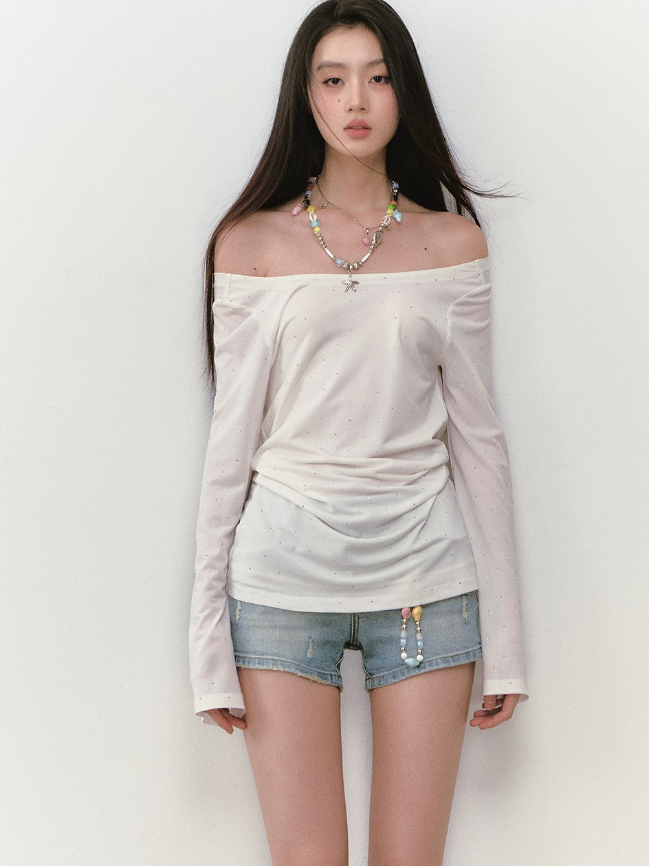 One-shoulder Backless Beaded T-shirt VIA0281
