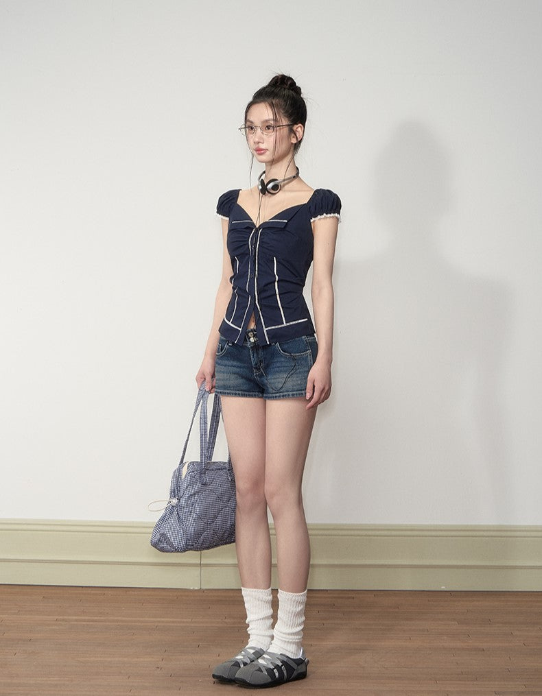 Lapel Lace Puff Sleeve Shirt SOO0001