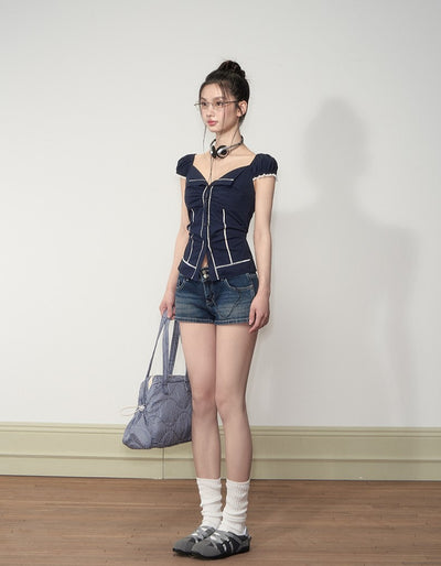 Lapel Lace Puff Sleeve Shirt SOO0001
