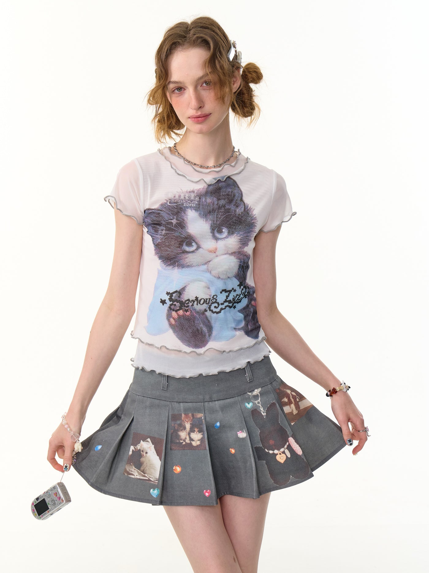 Plaid Fake Two-piece Cat Print T-shirt ZIZ0278