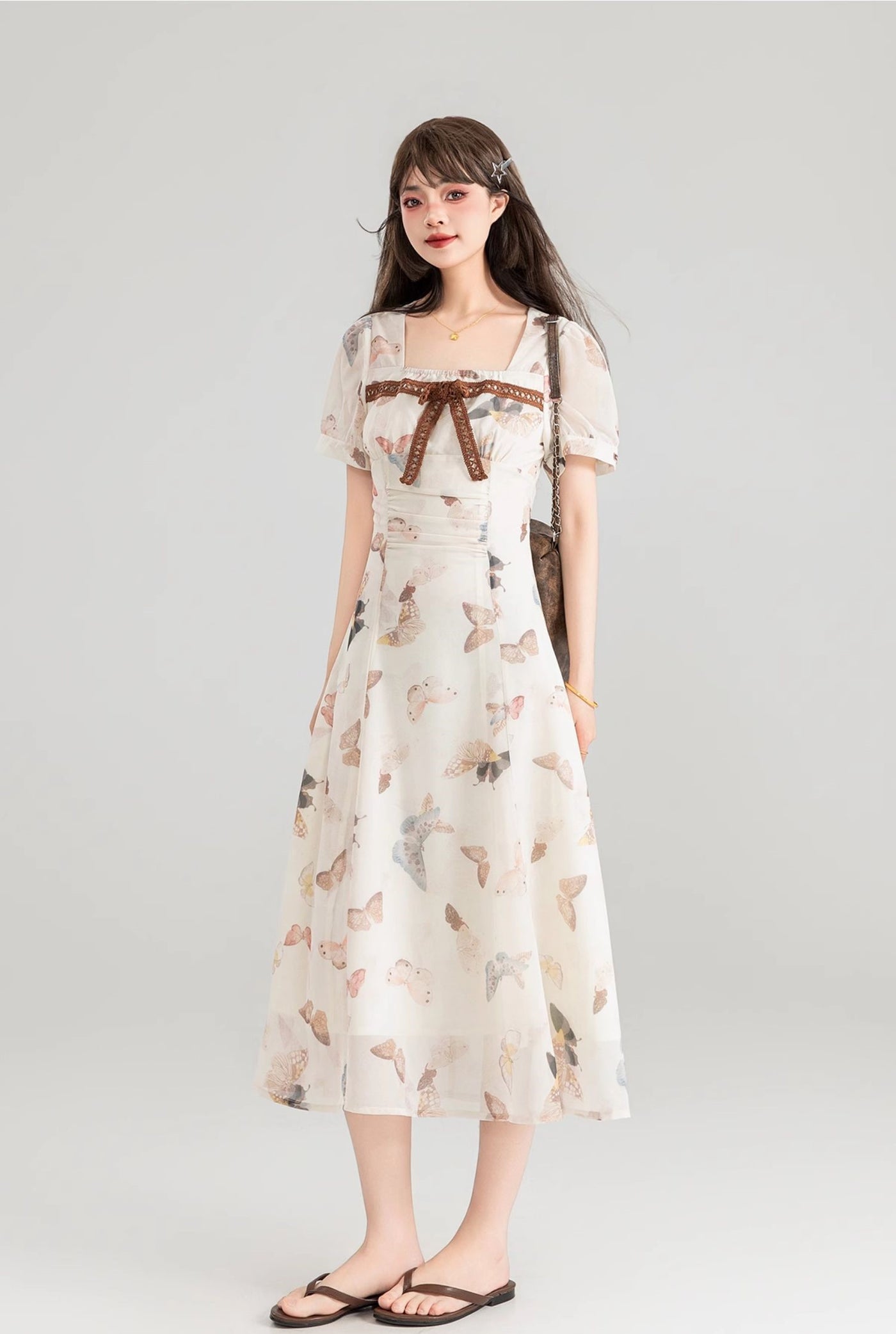 Butterfly Floral Neck Pleated Waist Slimming Long Dress KEI0111