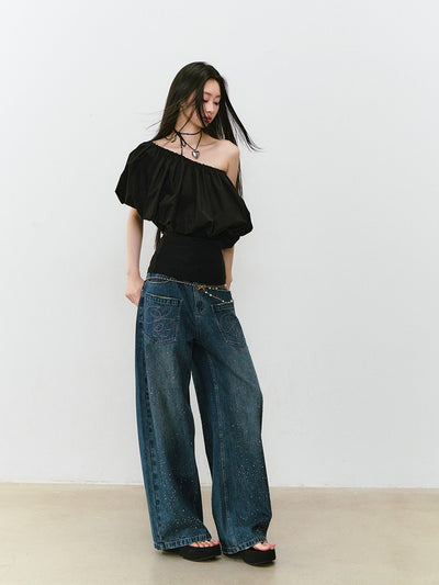 Rhinestone Wide-leg Denim Jeans VIA0328