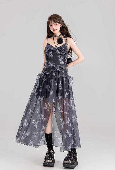 Butterfly Floral Sling Strap Backless Tulle Long Dress/Cardigan KEI0118