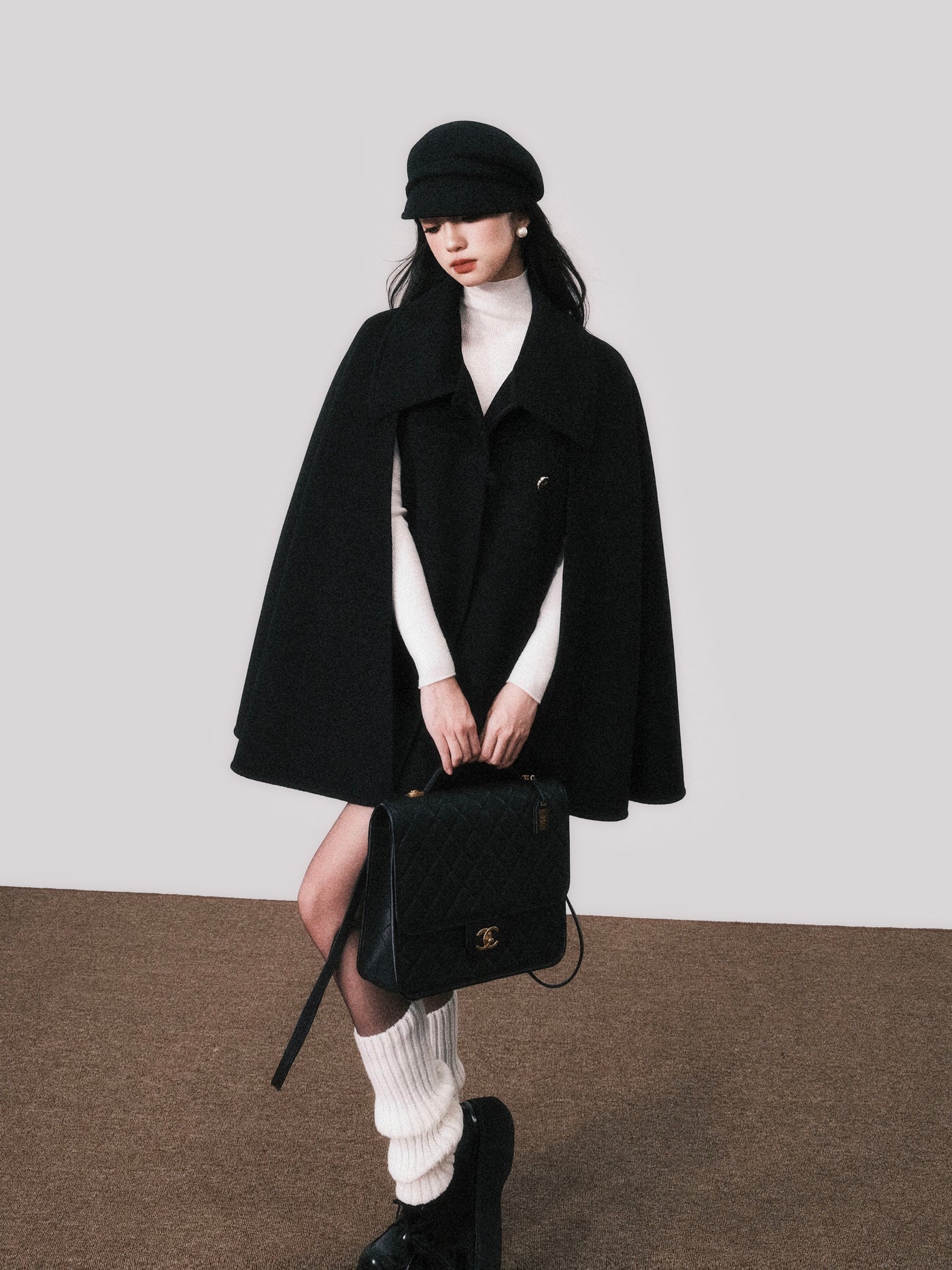 Double-sided Wool Black Wool Shawl Cape Coat LUL0109