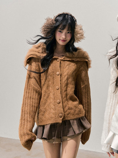 Large Fur Collar Knit Cardigan DIA0733