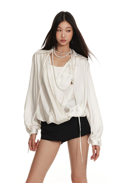 Lantern Sleeve Oblique Collar Loose Pleated Large Shirt 4MU0061