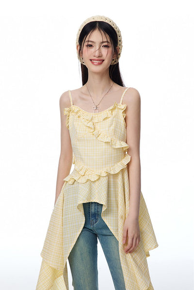 Yellow Plaid Irregular Hem Ruffle Lace Camisole NTO0101