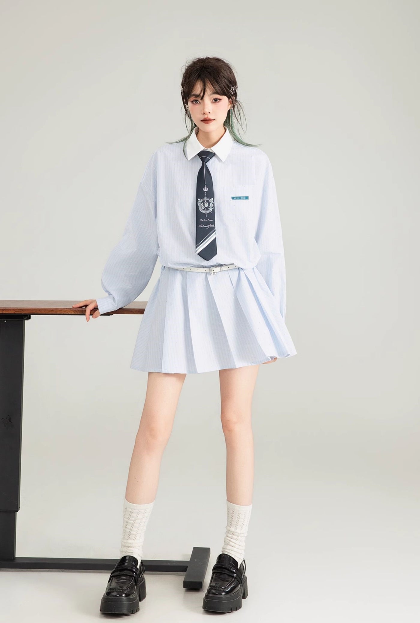 Blue Striped Polo Collar A-line Pleated Shirt Dress KEI0123