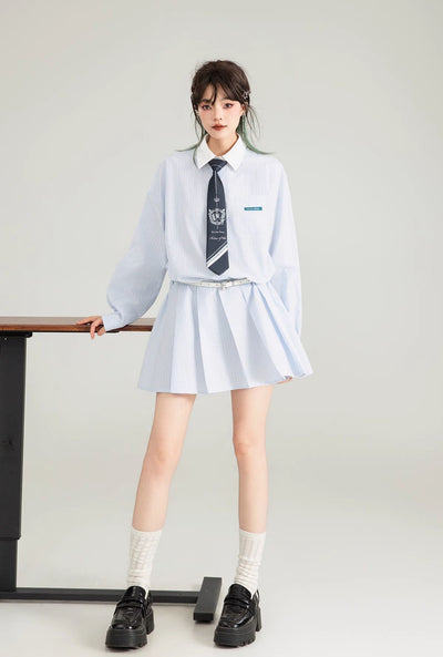 Blue Striped Polo Collar A-line Pleated Shirt Dress KEI0123