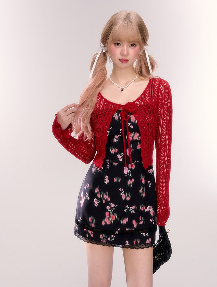 Lace Black Floral Suspender Dress/Red Cardigan QDQ0066