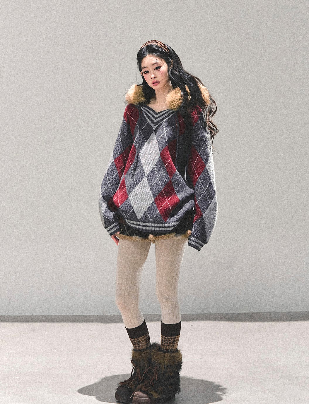 American Preppy Style Fur-Collar Argyle Sweater DIA0696