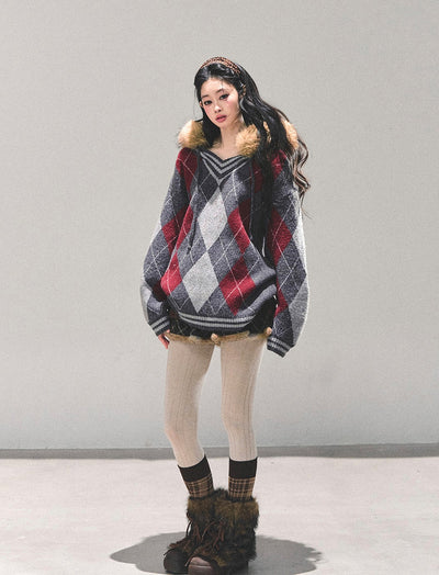 American Preppy Style Fur-Collar Argyle Sweater DIA0696