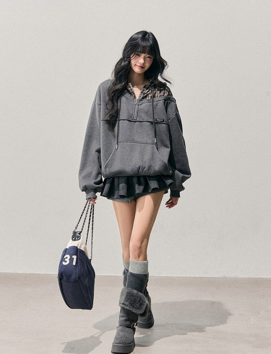 Faux Two-Piece Plaid Hooded Sweatshirt DIA0760