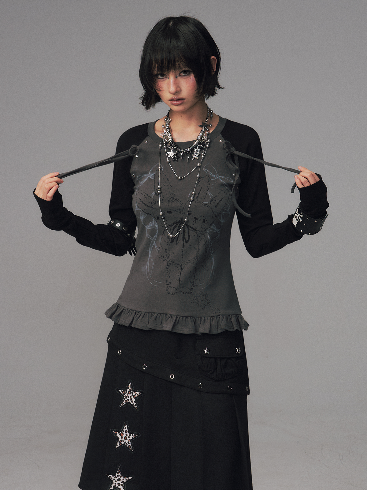 Bow Lace Print Raglan Long Sleeve T-Shirt FRU0126