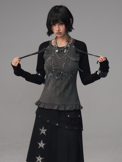 Bow Lace Print Raglan Long Sleeve T-Shirt FRU0126