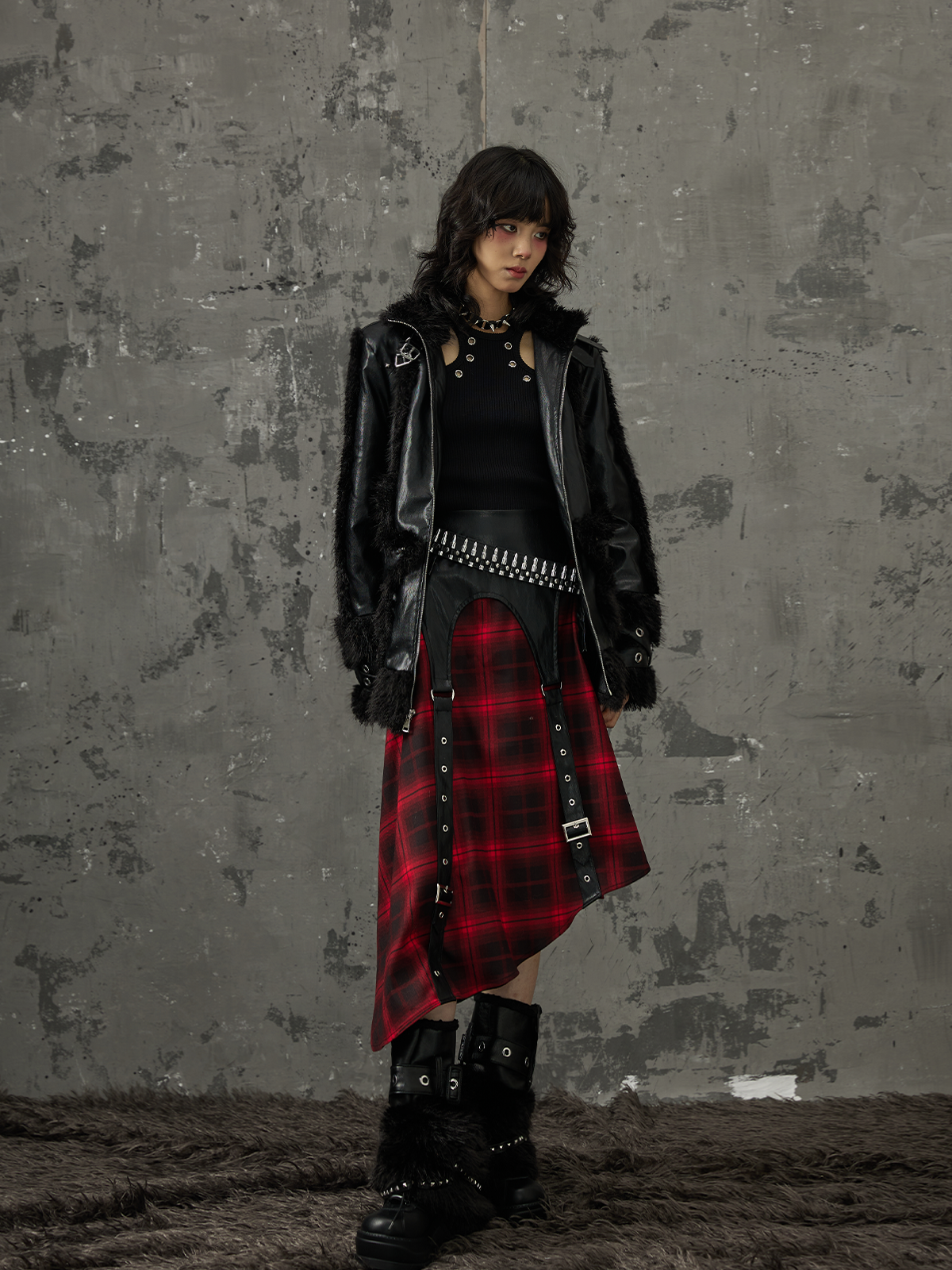 Punk Star Pocket Fur Patchwork Coat FRU0046