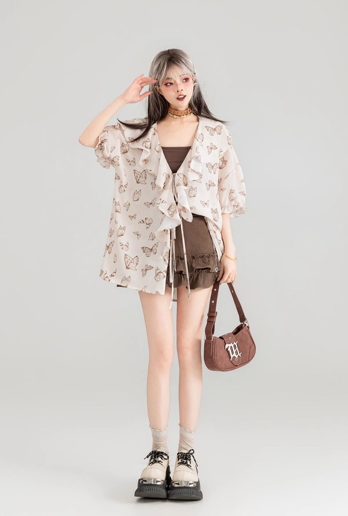 Butterfly Print Loose Lace Large Ruffled Chiffon Shirt/Plaid Skirt KEI0059