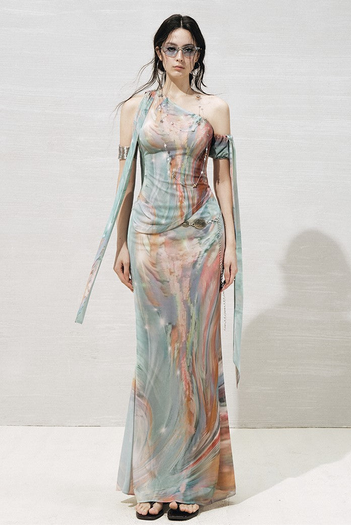 Ribbon Off-shoulder Asymmetric Top+Skirt OFA0268