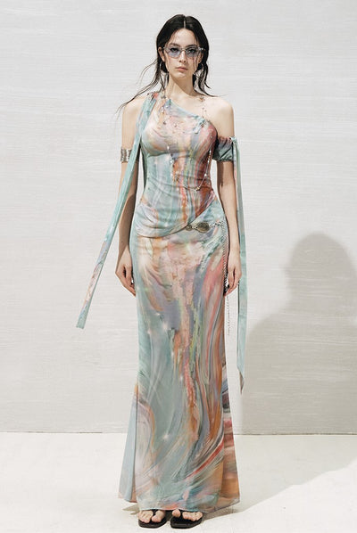 Ribbon Off-shoulder Asymmetric Top+Skirt OFA0268