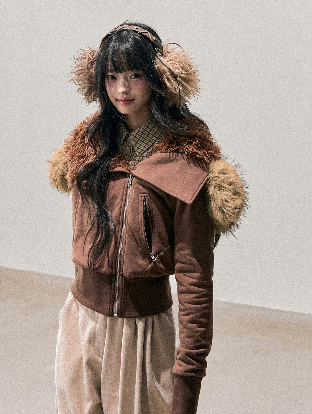 Brown Detachable Shearling Collar Jacket DIA0752