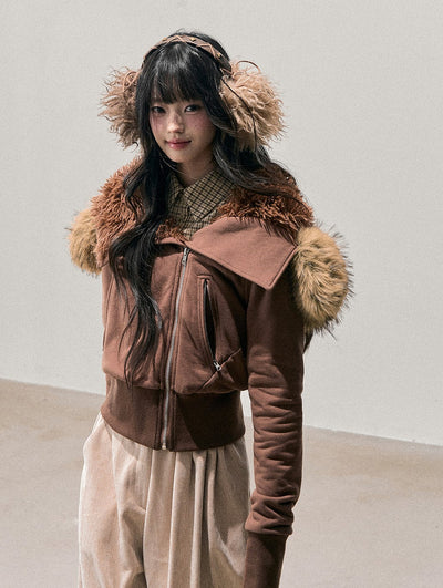 Brown Detachable Shearling Collar Jacket DIA0752