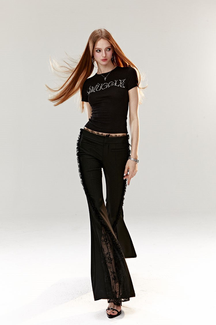 Lace Flared High Waist Black Suit Pants 4MU0040