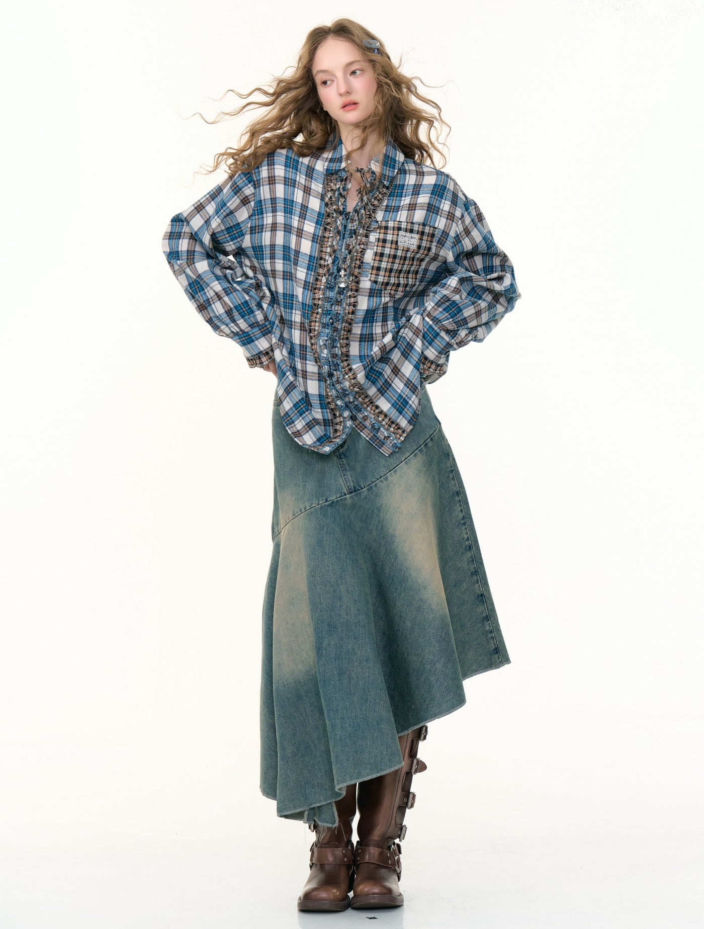 High Waist Irregular Denim Maxi Skirt ZIZ0306
