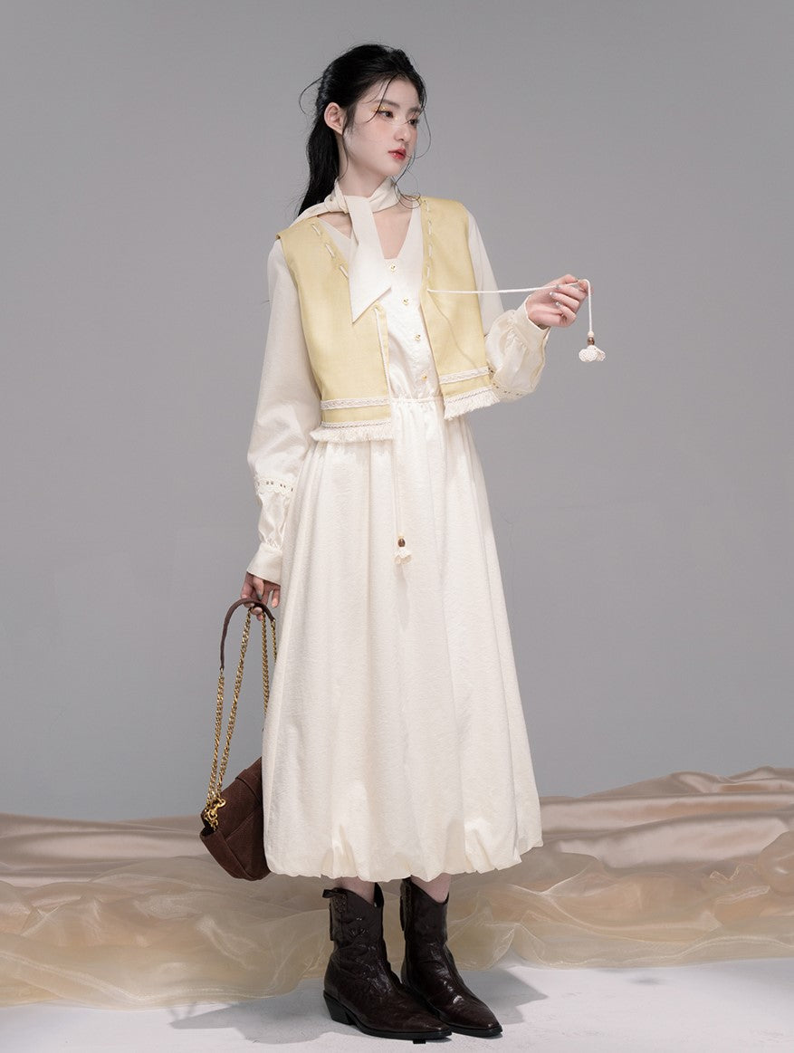 Custard Vest/Lace White Shirt Dress COT0336