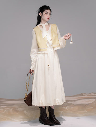 Custard Vest/Lace White Shirt Dress COT0336