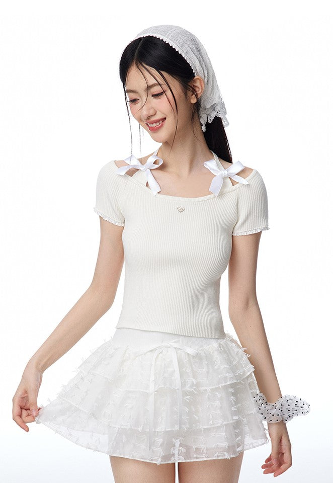 Fake Two-piece Halter Neck Bow Tie Knit/Tulle Skirt NTO0107