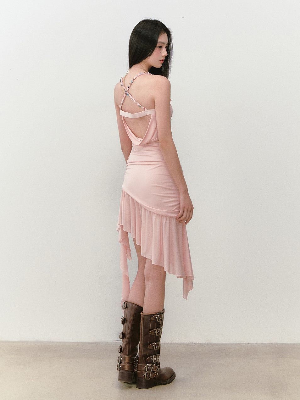 Beaded Irregular Ribbon Mesh Dress VIA0287