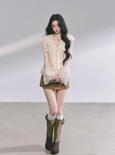 Lace Hollow Ruffled Long Sleeve Shirt DIA0588