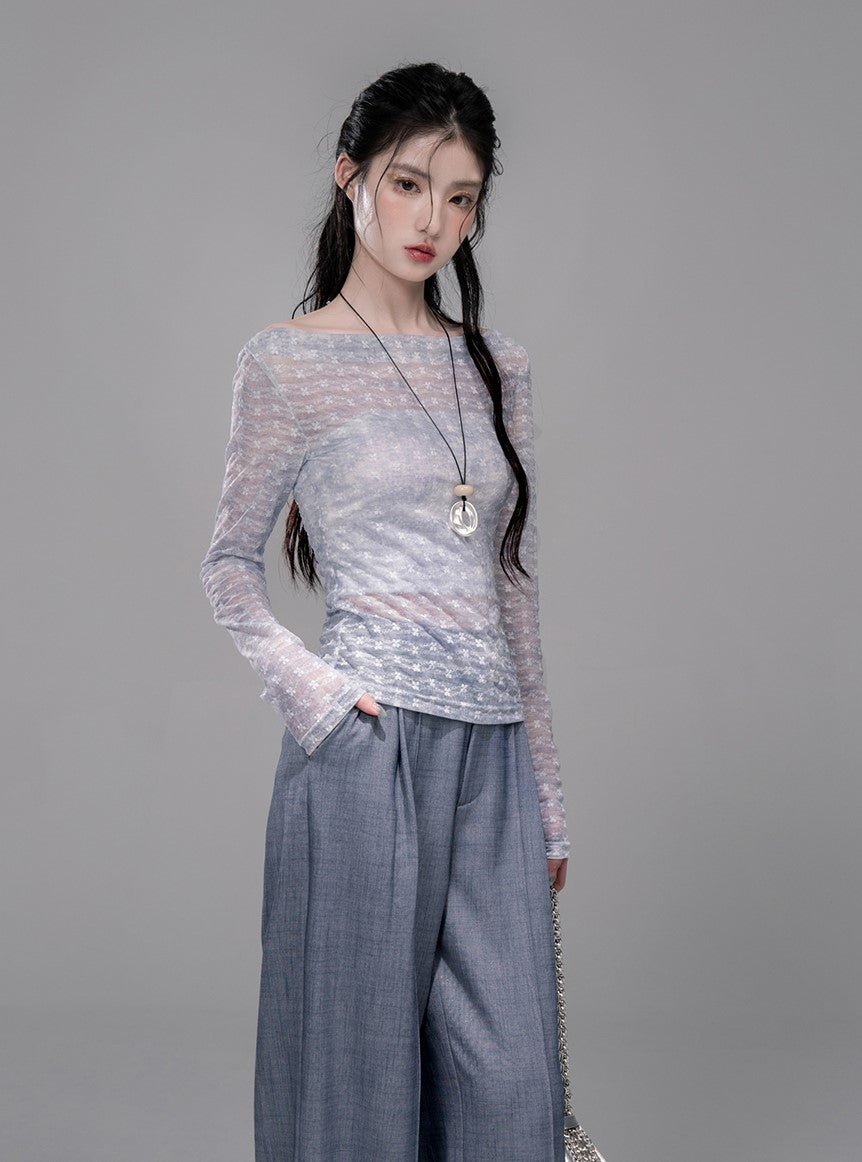 Starry Gray-Blue Camisole+Pants+Tulle Top COT0339