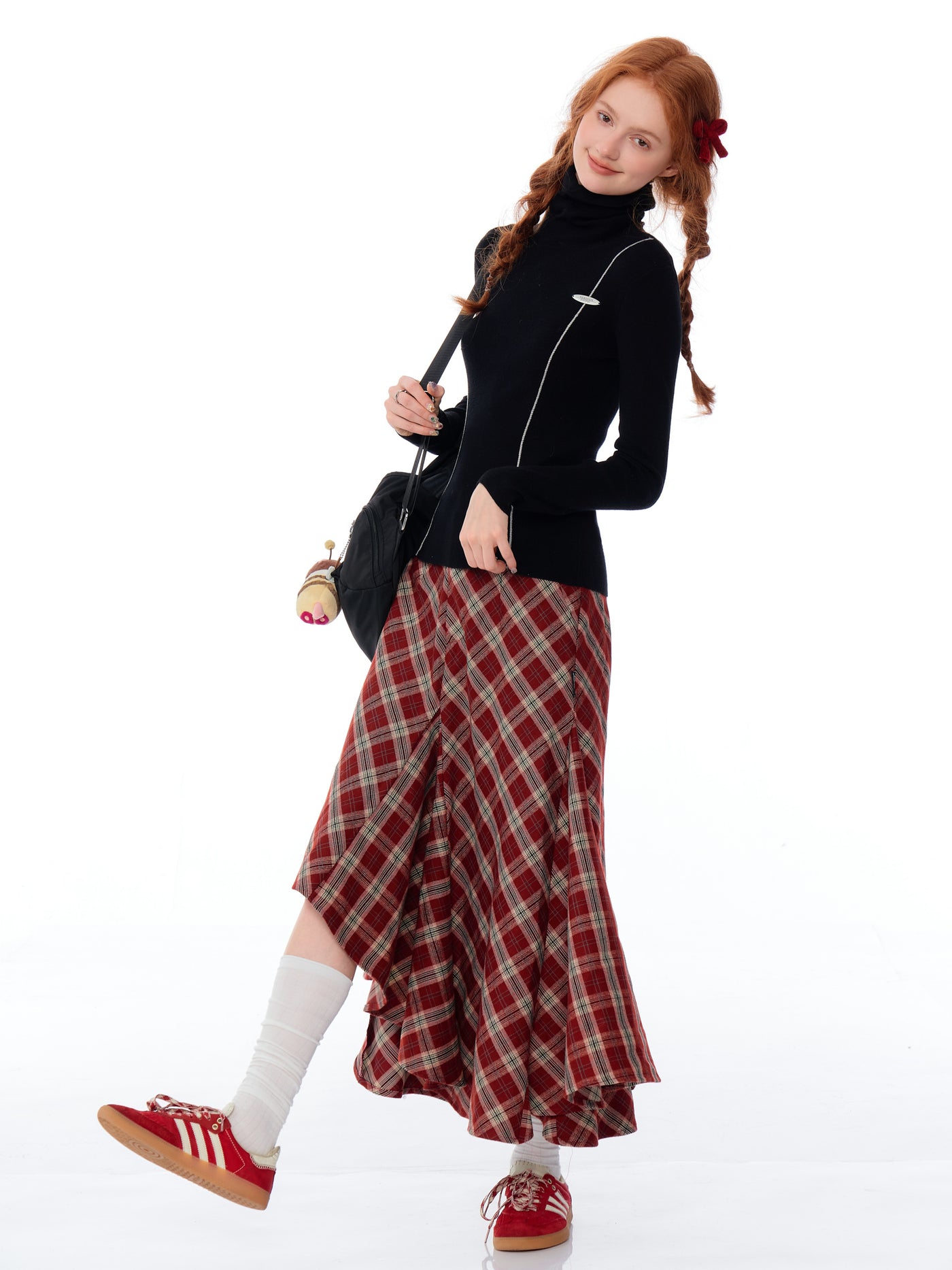 Retro High Waist Slim Medium Long Irregular Red Plaid Skirt ZIZ0190