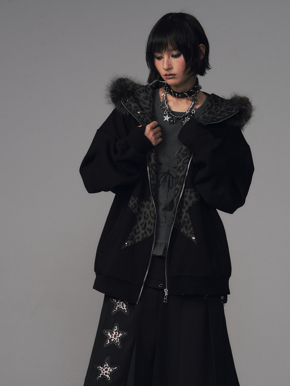 Cat Ear Leopard Print Fur Collar Hooded Jacket FRU0130