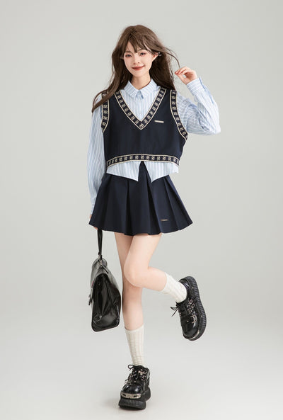 Patchwork Long-sleeved Fake Two-piece Shirt/Skirt KEI0167