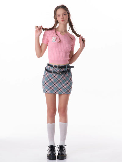 American Retro High Waist Slim Pink Blue A-line Plaid Short Skirt ZIZ0130